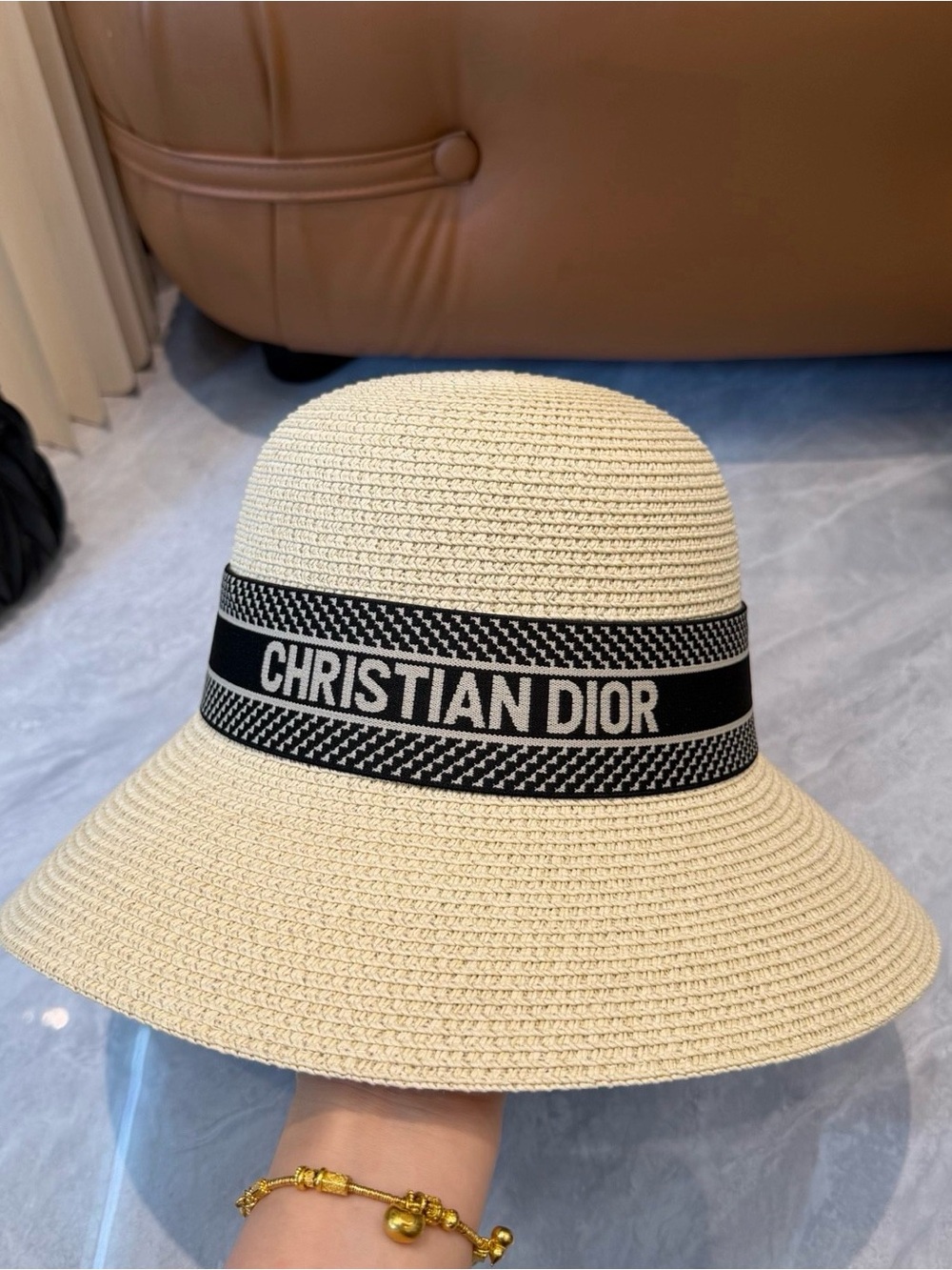 Dior Cream Straw Sun Hat with Black Christian Dior Ribbon